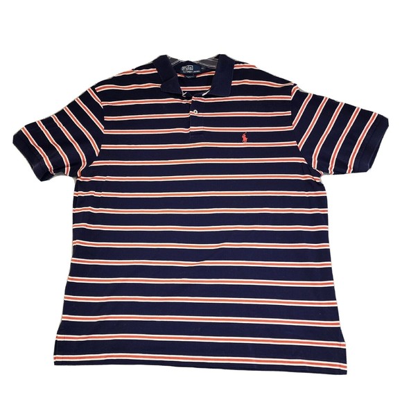 Ralph Lauren Plolo Shirt Mens XL Blue with Pink Stripe Short Sleeve Vintage - Picture 1 of 16